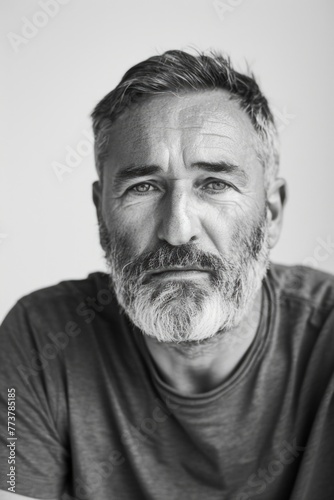 A man with a beard and gray hair is sitting in a chair