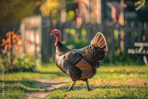 Wild turkey walks a rustic farmyard.