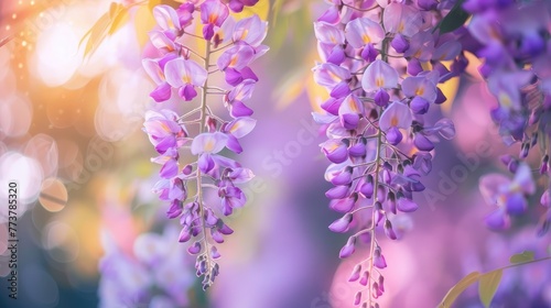 Wisteria sinensis. Closeup photo of Japanese Wisteria flowers. Blossom background. Purple flowers in the garden.