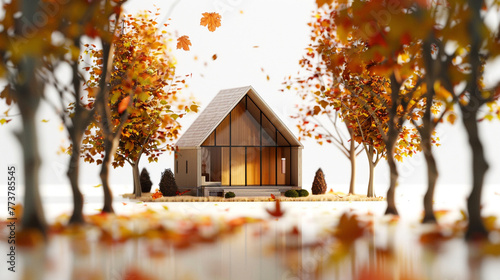 A 3D Max miniature modern farmhouse, framed by small trees with autumn leaves, showcased on a bright white background to focus on the blend of modernity with the traditional spirit of fall.
