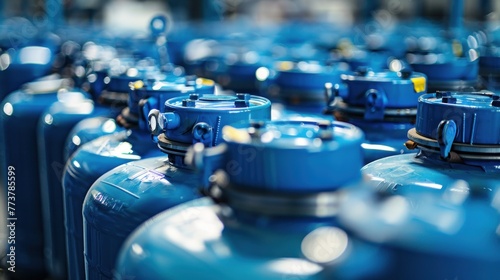 Detailed focus on the intricate connections and vibrant color of pressurized industrial cylinders, highlighting technology and industry photo