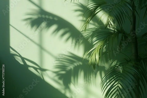 Tropical palm leaves shadows on a green wall   Copy space