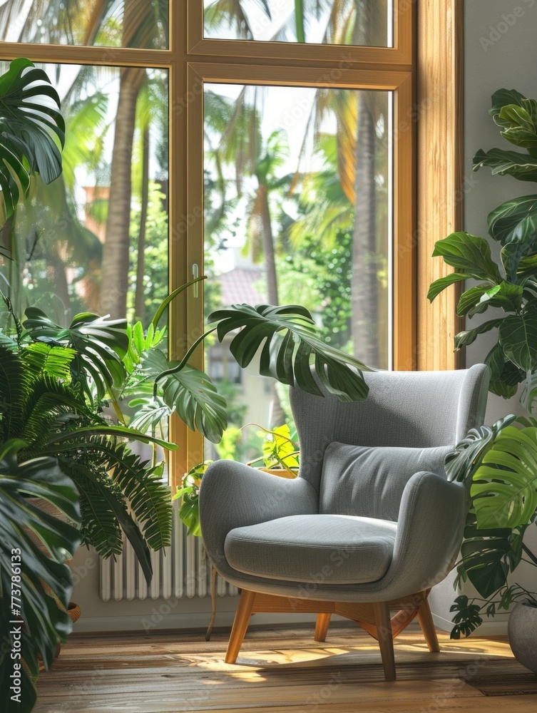 A chair is sitting in front of a window with a view of a lush green forest
