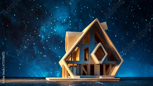A 3D Max avant-garde miniature house with an angular gabled design, set against a deep space blue background to highlight its modern architectural form and innovative use of space. photo