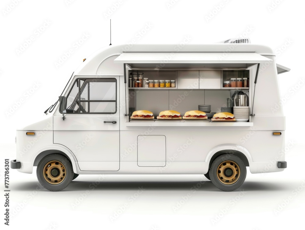 A white food truck with a window open and a sign that says 