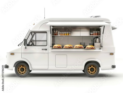 A white food truck with a window open and a sign that says "Sandwiches"
