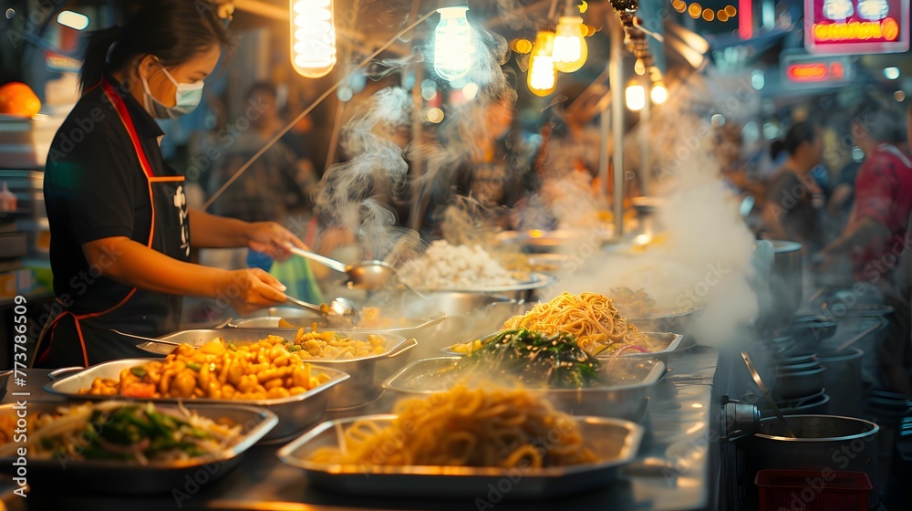 Busy street food market scene with steaming woks cooking up an array of