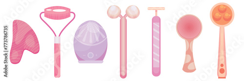 Set of modern body massagers on white background