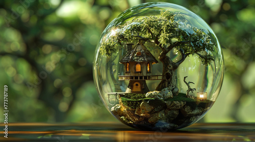A 3D Max miniature fantasy treehouse inside a glass globe, presented on an enchanted forest green background.