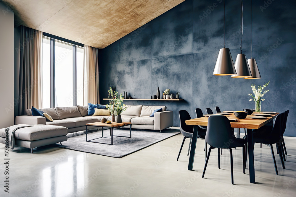Loft interior design of modern living room, home. Studio apartment with blue stucco wall. - obrazy, fototapety, plakaty 