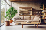 Loft interior design of modern living room, home. Beige sofa and shelving units against concrete wall.