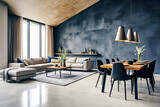 Loft interior design of modern living room, home. Studio apartment with blue stucco wall.