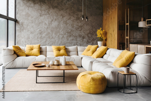 Loft interior design of modern living room, home. Corner modular tufted sofa with yellow pillows against grey stucco wall. photo