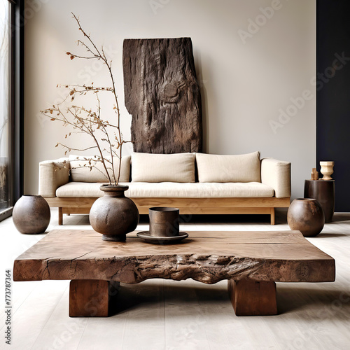 Rustic japandi interior design of modern living room, home.