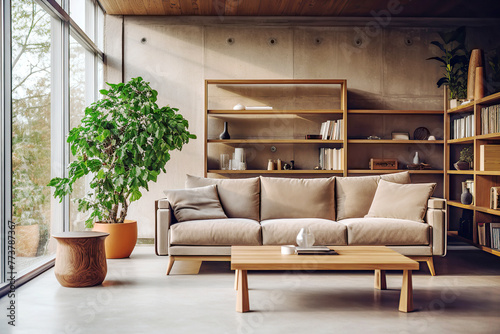 Loft interior design of modern living room, home. Beige sofa and shelving units against concrete wall. © Vadim Andrushchenko