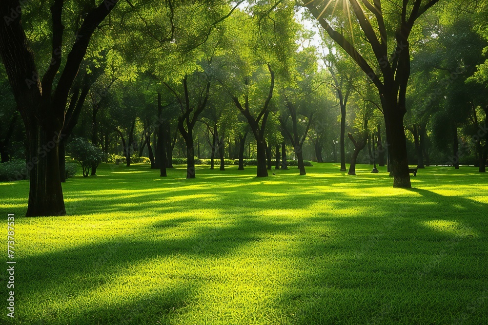 Green grass and trees in public park at sunset with sunbeams