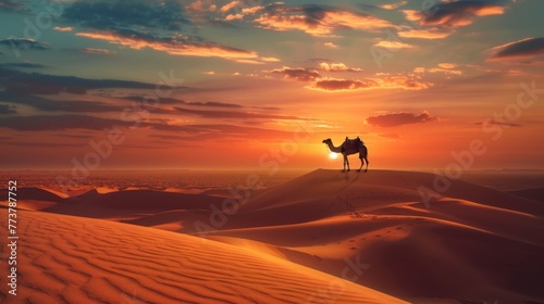 Solitary Camel Against Sunset in Desert, Ideal for Adventure Theme