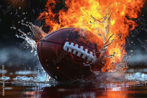 American football ball in fire on black background