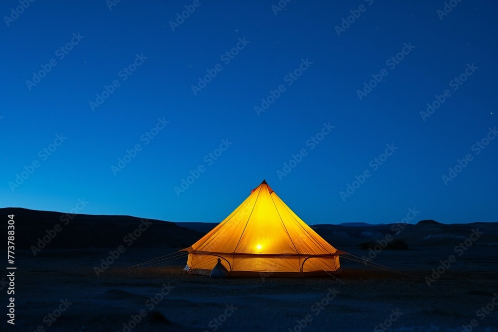 Tent in the desert at night with a beautiful starry sky