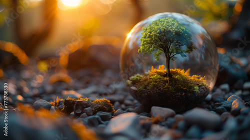 Miniature tree in glass: World Tree Planting Day concept illustration, eco-friendly