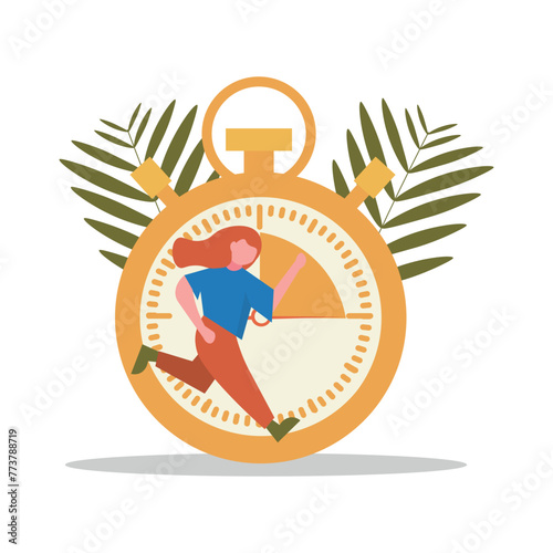 Big smartwatch and running woman on white background