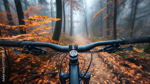 POV of handlebar of extreme sports bicycle on mist forest in autumn photo
