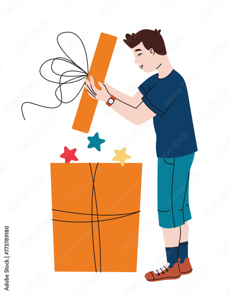 Fototapeta premium Man opening big gift. Male character in doodle style.