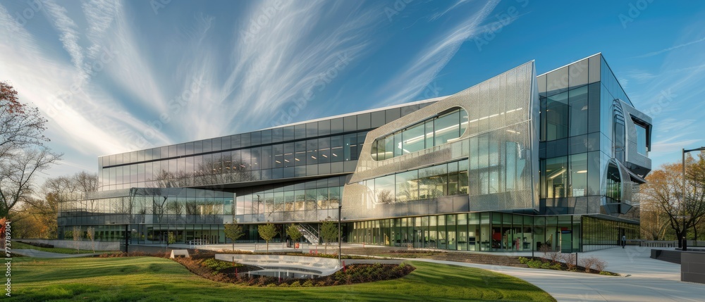 A high-tech research facility with a dynamic origami-inspired exterior A high-tech research facility with a dynamic origami-inspired exterior