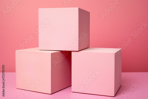 Three pink cardboard boxes on a pink background, Copy space for text