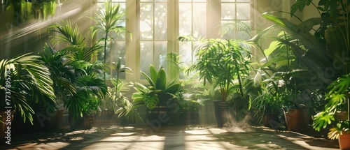 An array of air purifying plants in a sunlit room creating an indoor oasis