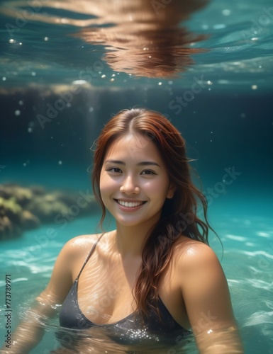 Beautiful asian woman swimming in the pool underwater with sun reflection