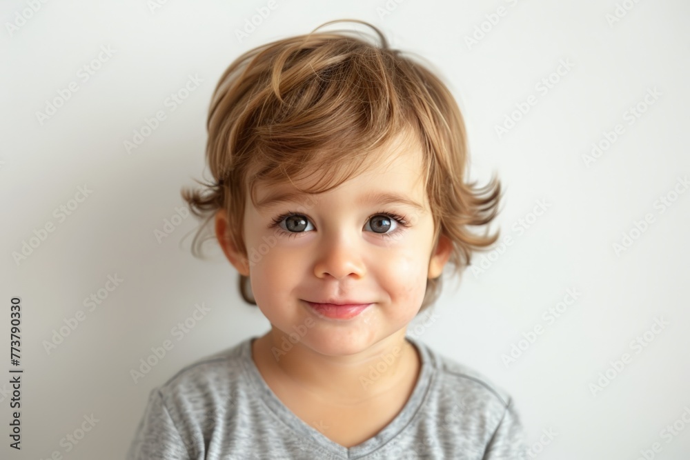 Joyful Curly-Haired Toddler in Gray. Generative AI. Joyful Curly-Haired Toddler in Gray. Generative AI.