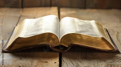 An open Bible resting on a wooden table photo