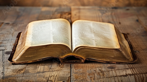 An open Bible resting on a wooden table photo