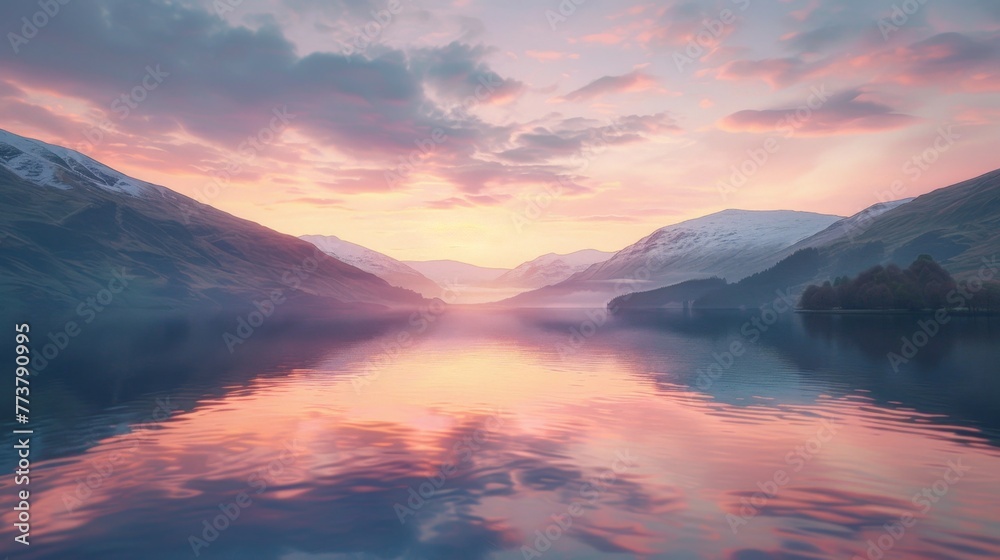 Serene Lake at Sunset, Breathtaking Landscape with Reflective Waters