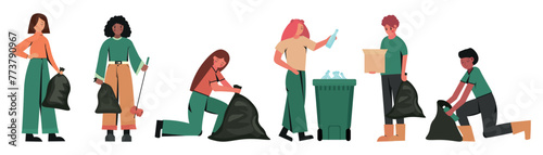 Set of drawn volunteers with garbage on white background
