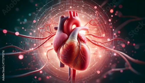 a highly detailed and illuminated 3D rendering of a human heart within a network of glowing vessels, set against a dark, abstract background.