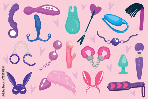 Set of sex toys on pink background