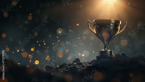 cup trophy on dark background with light beam and bokeh lights, 3d rendering illustration. Concept of success in business or competition winner award