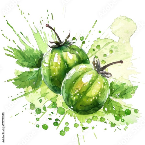 Watercolor art capturing the vibrant essence of gooseberries with energetic green splashes