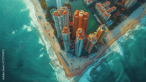 View from above of luxurious highrise hotels and condos on Atlantic ocean shore in Sunny Isles Beach city. American tourism infrastructure in southern Florida photo