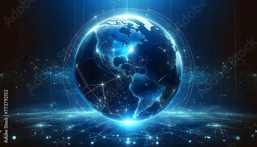 a digital  holographic projection of the Earth with a network of connections and nodes surrounding it  symbolizing global connectivity and data exchange in a digital world.