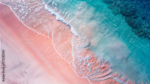 Pink sand beach aerial view, exotic seashore seen from above, drone view tropical paradise waves and nature landscape 