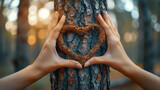 Nature care concept: Hands form heart on tree, Arbor Day love.