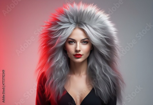 Portrait of a beautiful woman with long grey hair and red lips