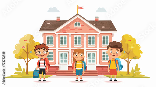 Fototapeta Naklejka Na Ścianę i Meble -  Cartoon Back to school. Happy little kids with school