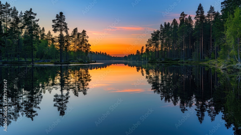 Tranquil forest lake at sunset with vibrant skies reflected in still waters, surrounded by silhouetted trees under a clear gradient sky.