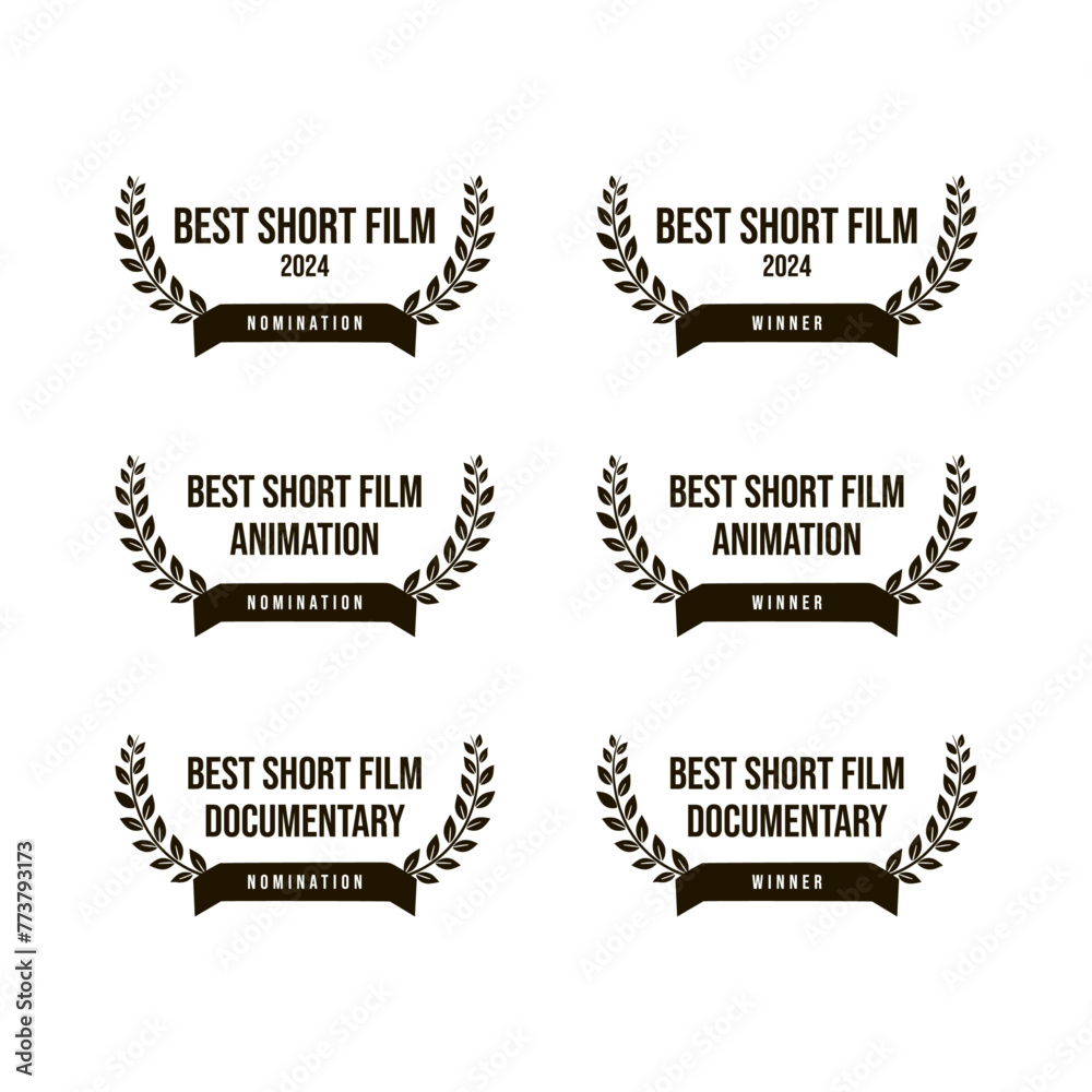 Movie award best short film - feature, animated, or documentary, nomination and winner, black and white vector icon set