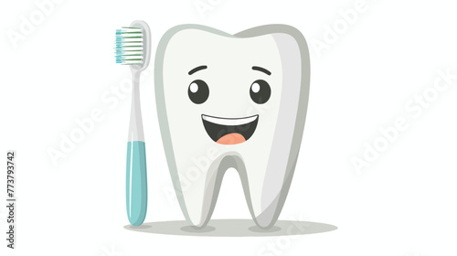 Cartoon dental tooth holding toothbrush flat vector isolated