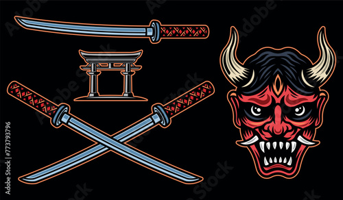Samurai set of vector objects or design elements in colored style on dark background